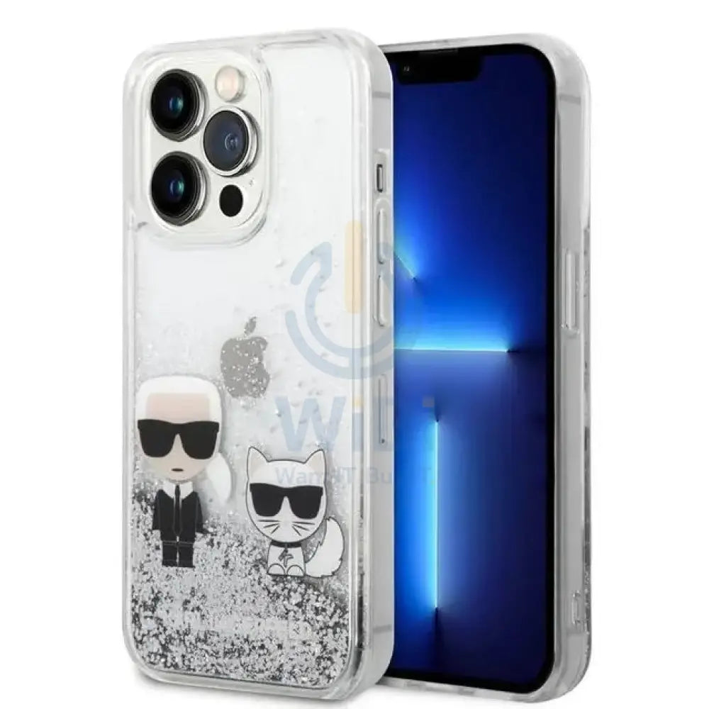 Apple iPhone 14 Pro Max - Silver Karl Lagerfeld Liquid Glitter Case and Karl and Choupette Head Accessories > Mobiles &