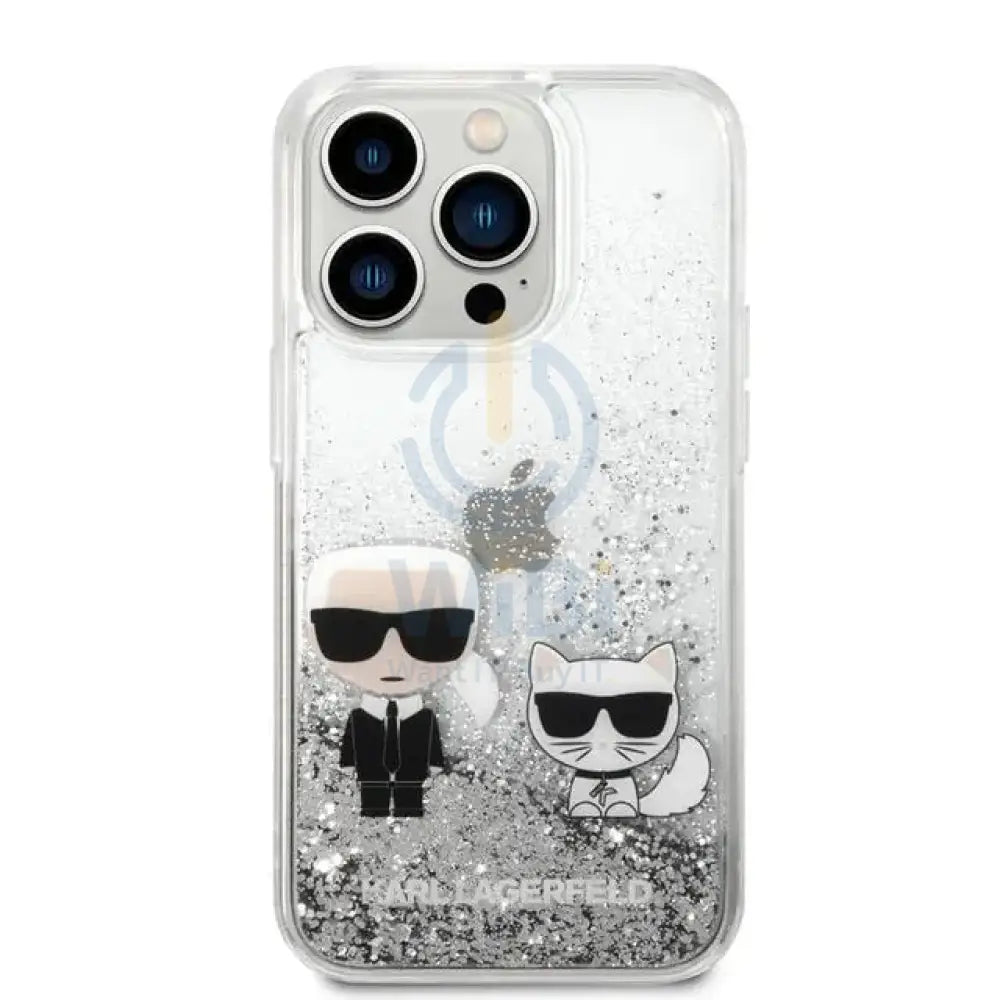 Apple iPhone 14 Pro Max - Silver Karl Lagerfeld Liquid Glitter Case and Karl and Choupette Head Accessories > Mobiles &