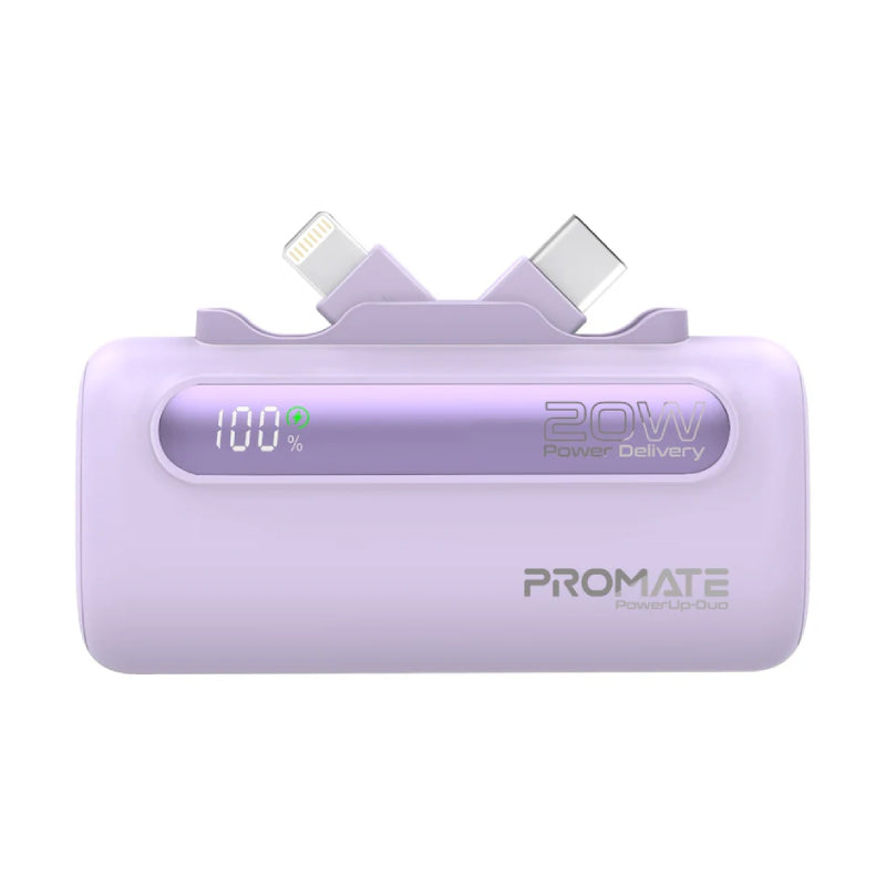 PROMATE PowerUp-Duo Ultra-Compact Fast Charging Power Bank - 20W / USB-C / Lightning / Purple
