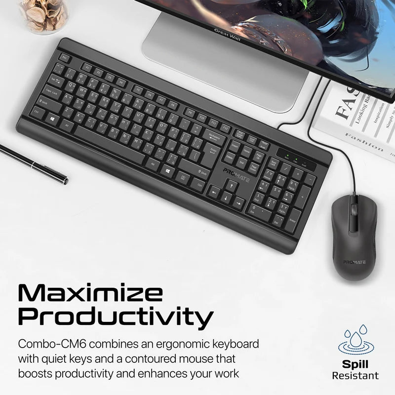 PROMATE Quiet Keys Wired Keyboard and 1200 DPI Mouse - Black