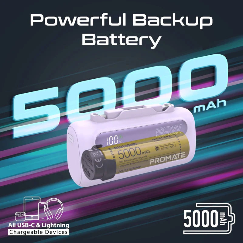 PROMATE PowerUp-Duo Ultra-Compact Fast Charging Power Bank - 20W / USB-C / Lightning / Purple