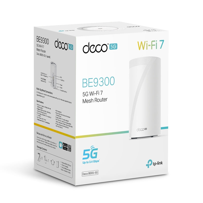 TP-Link (Deco BE65-5G) 5G BE9300 Tri-Band Whole Home Mesh Wi-Fi 7 System - 6GHz (5760 Mbps) / USB3.0 / Gigabit WAN / Gigabit LAN