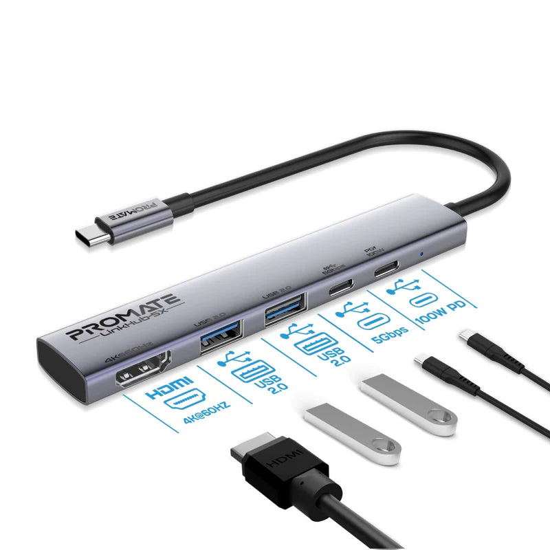 PROMATE LinkHub-5X 5-in-1 Multi-Function USB-C Hub - USB-C / USB-A / HDMI