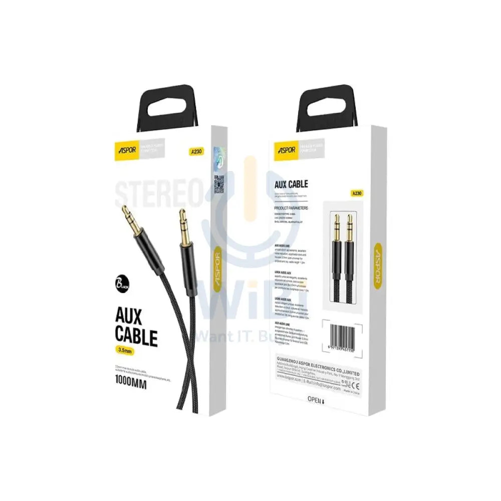 Aspor A230 1M AUX 3.5MM Cable - Black Accessories > Mobiles & Tablets > Tablets