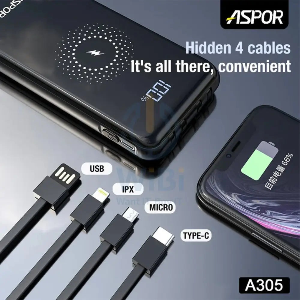 Aspor A305 10000mAh 15W Wireless + 4 Cables Power Bank Accessories > Power Bank