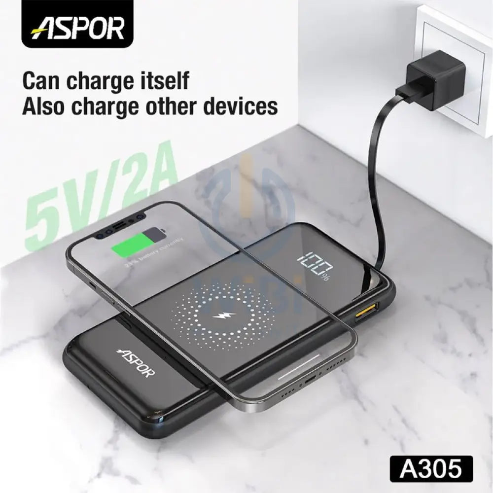 Aspor A305 10000mAh 15W Wireless + 4 Cables Power Bank Accessories > Power Bank