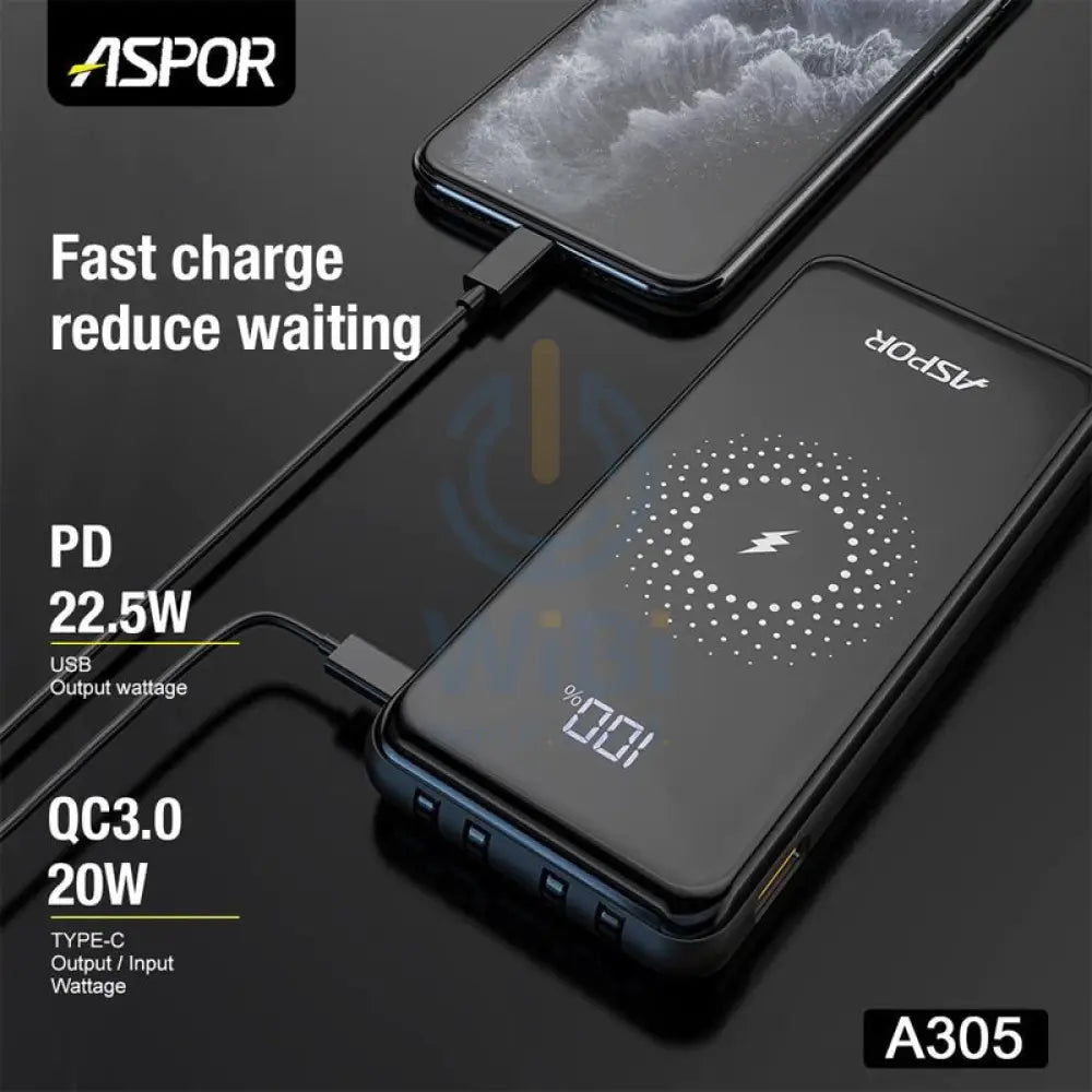 Aspor A305 10000mAh 15W Wireless + 4 Cables Power Bank Accessories > Power Bank