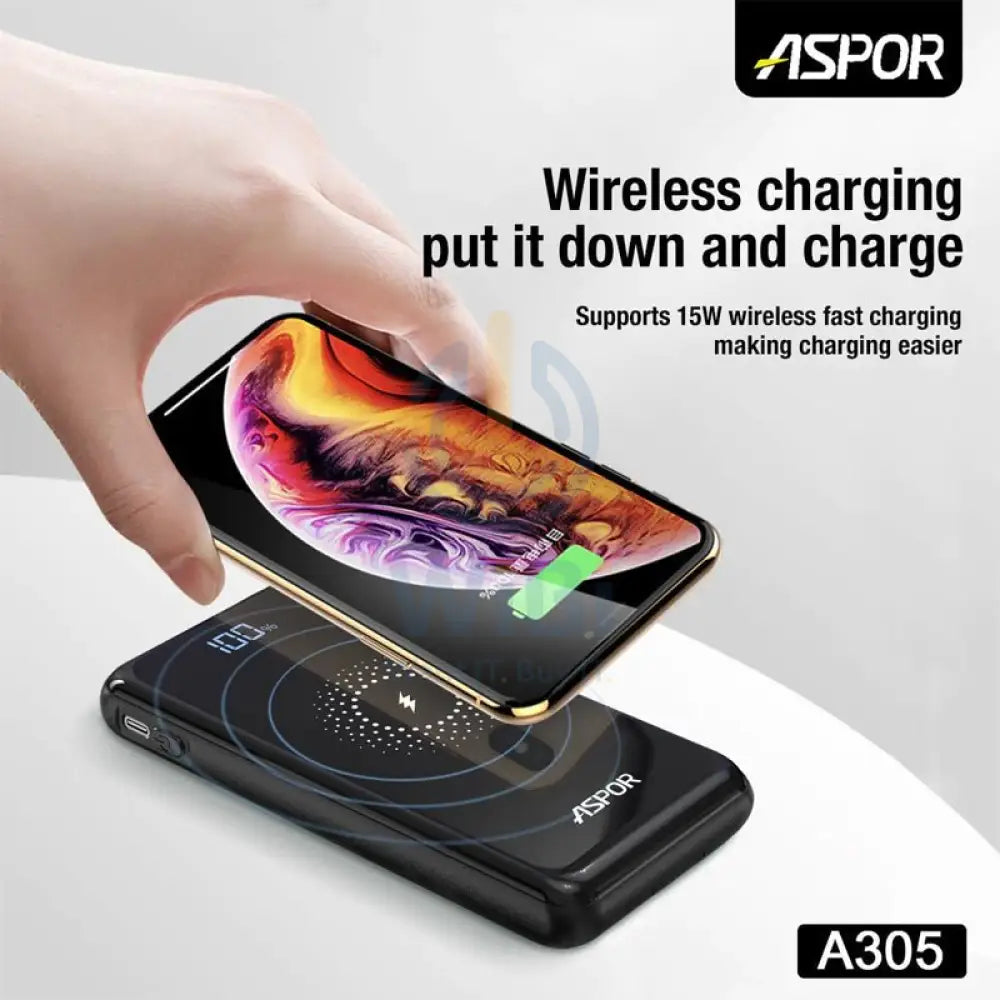 Aspor A305 10000mAh 15W Wireless + 4 Cables Power Bank Accessories > Power Bank