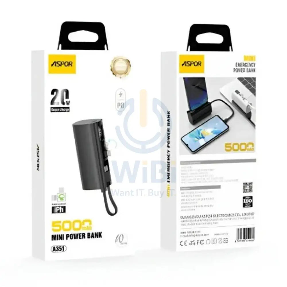 Aspor A351 Mini Emergency Pocket Power Bank - 5000mAh / 20W / Type-C / Lightning / Black Accessories > Power Bank
