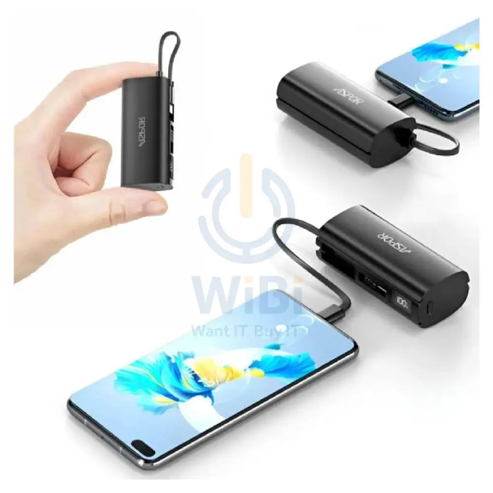 Aspor A351 Mini Emergency Pocket Power Bank - 5000mAh / 20W / Type-C / Lightning / Black Accessories > Power Bank