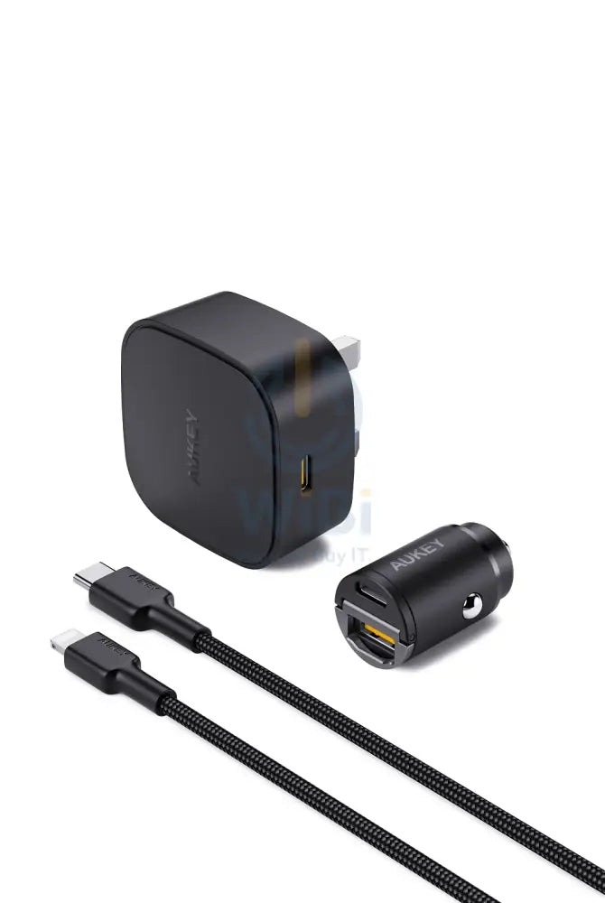 Aukey 20W Compact PD Charger + USB-C - Lightning Cable + 30W Car Charger / Black - Bundle Offer Accessories > Cables &