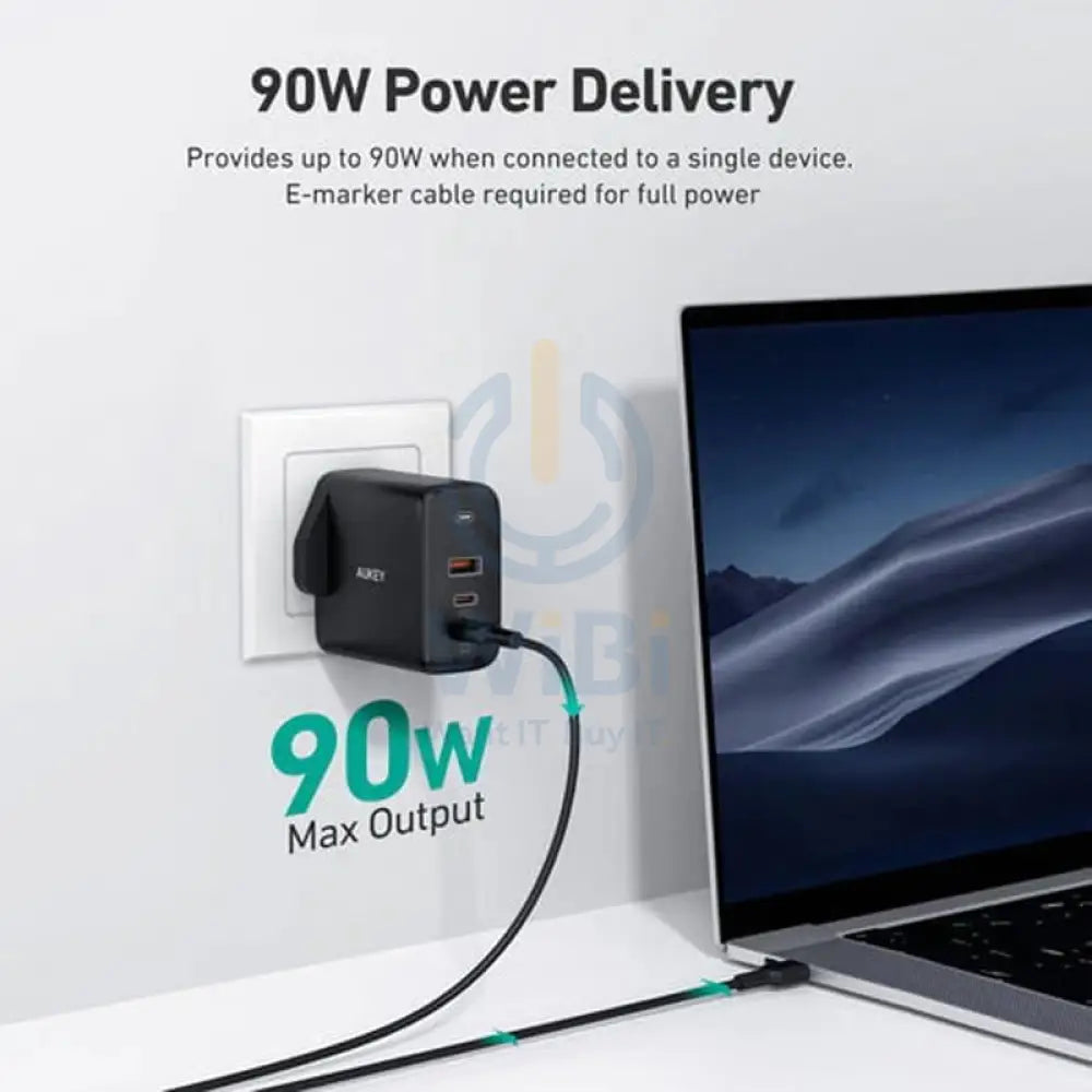 AUKEY 3-Port Wall Charger with GaN - 90W / USB-C / USB-A - Black Accessories > Power Adapters