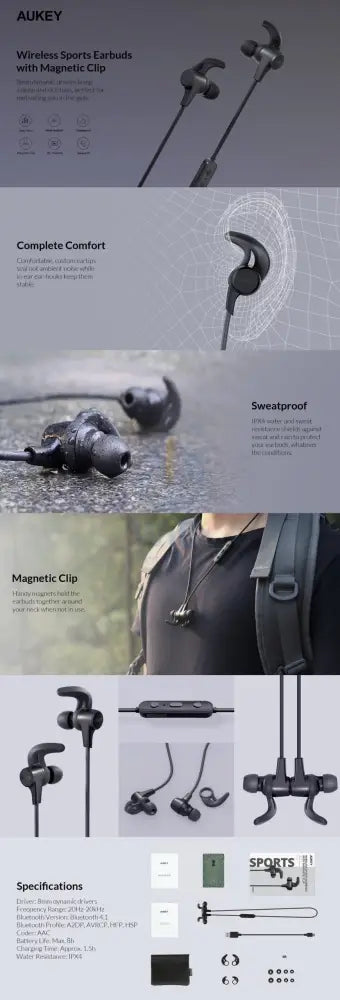 Aukey Bluetooth Earbuds with magnetic Clip - Black Accessories > Audio > Headphones