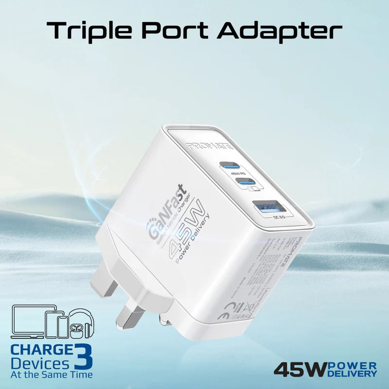 PROMATE PowerPort-45 Power Delivery GaNFast Charger - 45W / USB-C / USB-A / White