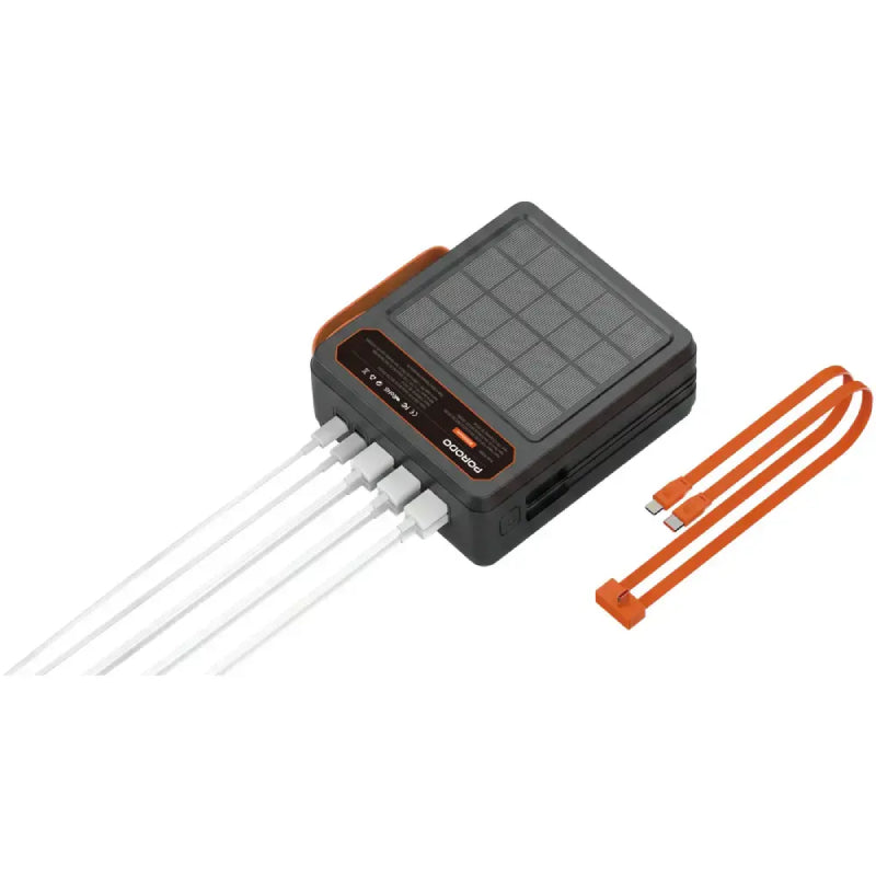Porodo Larousse Solar Power Bank with LED Light and Built-in Cables - 80,000mAh / 22.5W / USB-A / USB-C / Black
