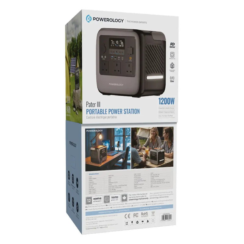 Powerology Pater III Portable Power Station - 1200W / 945Wh / USB-C / USB-A / Gray