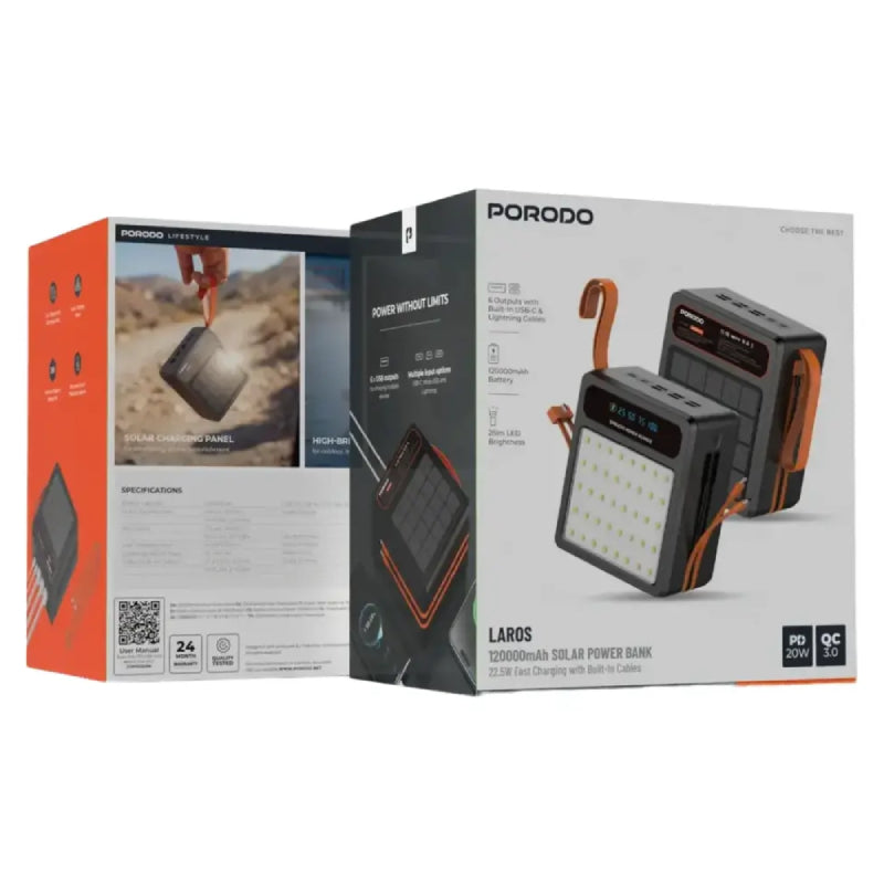 Porodo Larousse Solar Power Bank with LED Light and Built-in Cables - 120000mAh / 22.5W / USB-A / USB-C / Black