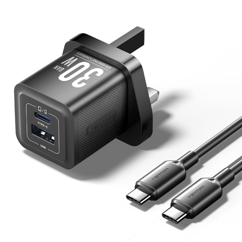 Vention 2-Port GaN Charger with Cable - 30W / USB-C / Black