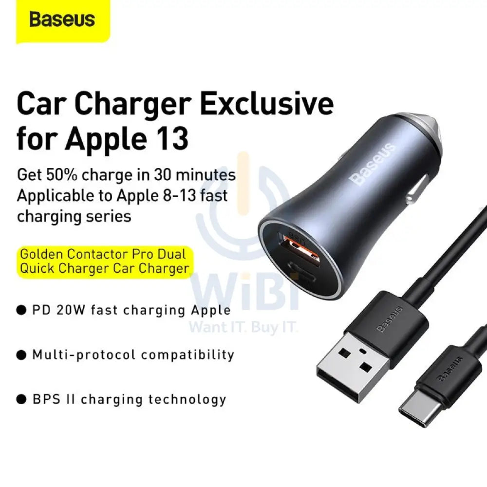 Baseus Golden Contactor Pro Dual Quick Charger - Car Charger / U + C 40W / Dark Gray Accessories > Mobiles & Tablets >