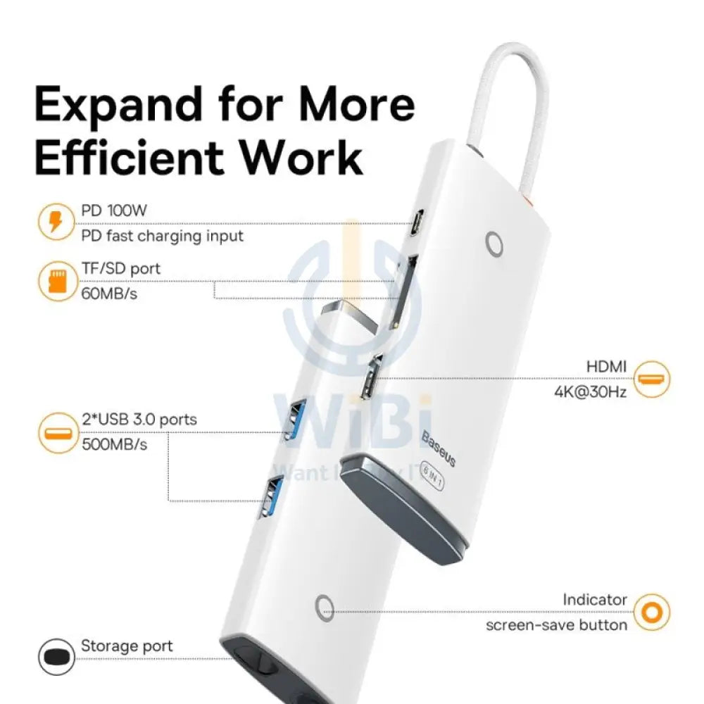 Baseus Lite Series 6-in-1 HUB Docking Station - White Accessories > USB Hub