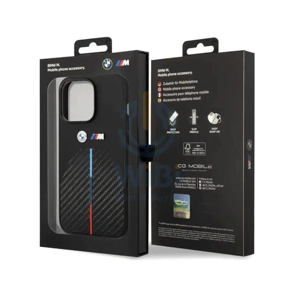 BMW iPhone 14 Pro M Collection Quilted PU Carbon Case with Hot Stamped Tricolor Stripe & Metal Logos - Black