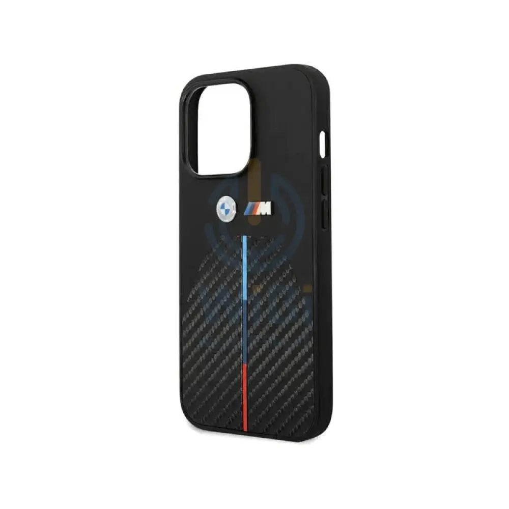 BMW iPhone 14 Pro M Collection Quilted PU Carbon Case with Hot Stamped Tricolor Stripe & Metal Logos - Black