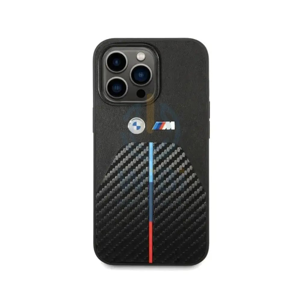 BMW iPhone 14 Pro M Collection Quilted PU Carbon Case with Hot Stamped Tricolor Stripe & Metal Logos - Black