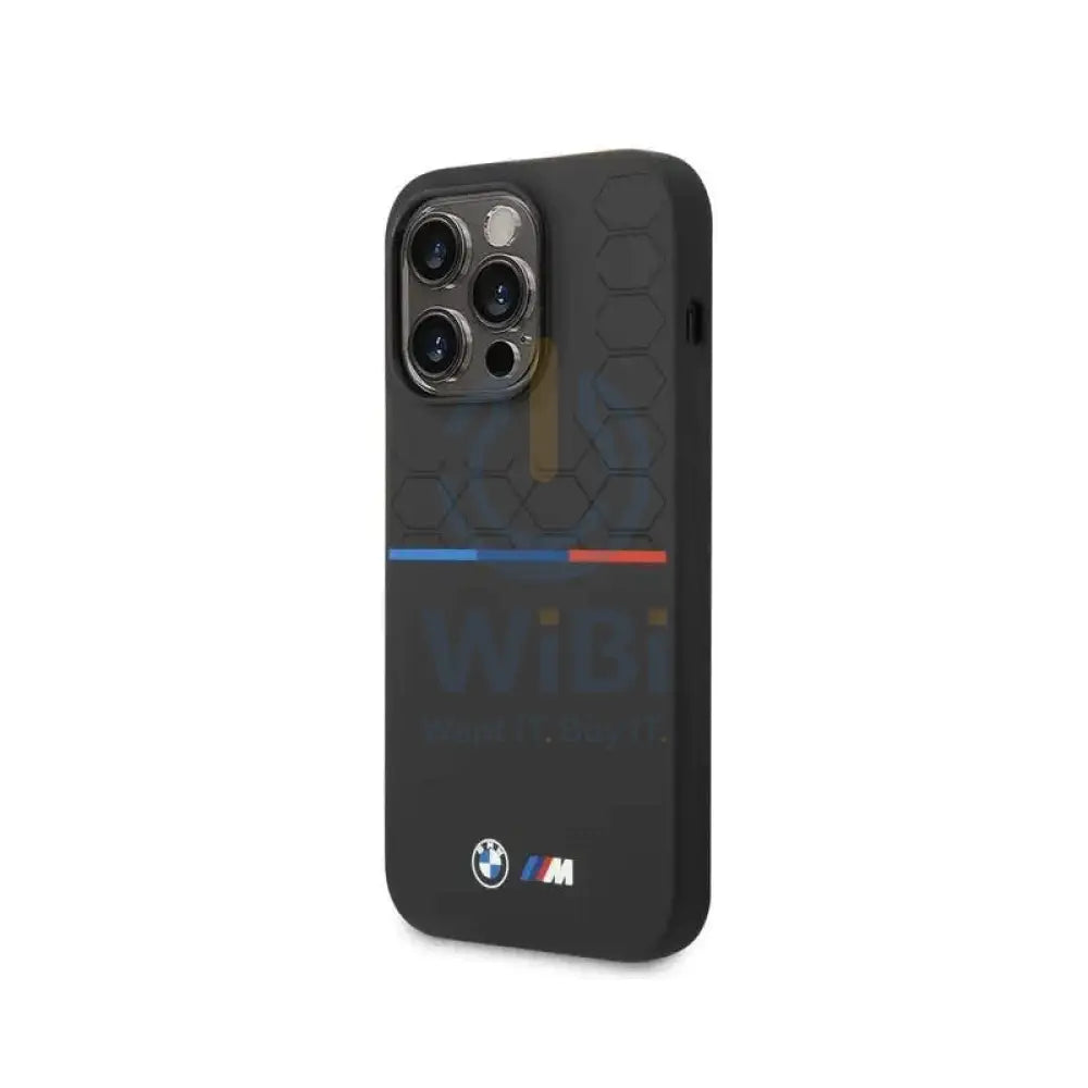 BMW iPhone 14 Pro Max M Collection Liquid Silicone Case Printed UV Varnish Pattern Tricolor Line & Logo - Black