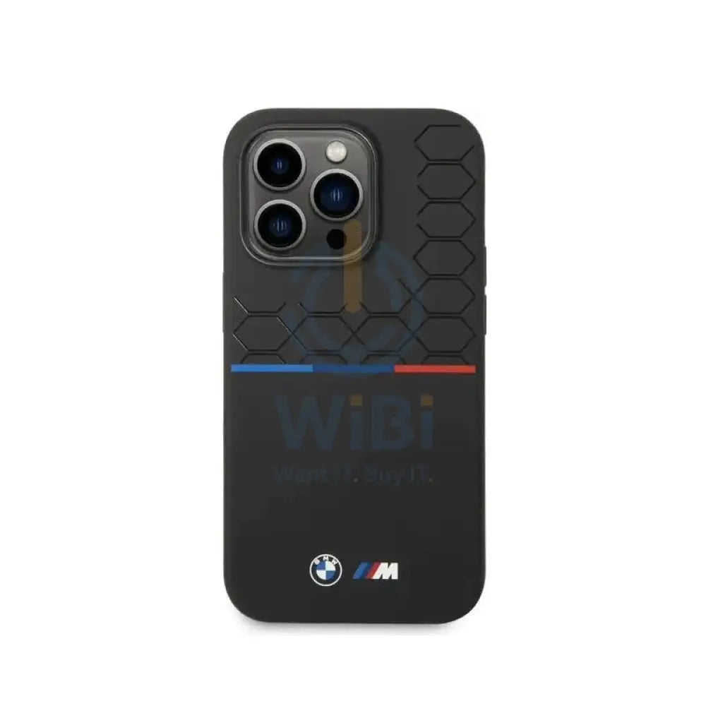 BMW iPhone 14 Pro Max M Collection Liquid Silicone Case Printed UV Varnish Pattern Tricolor Line & Logo - Black