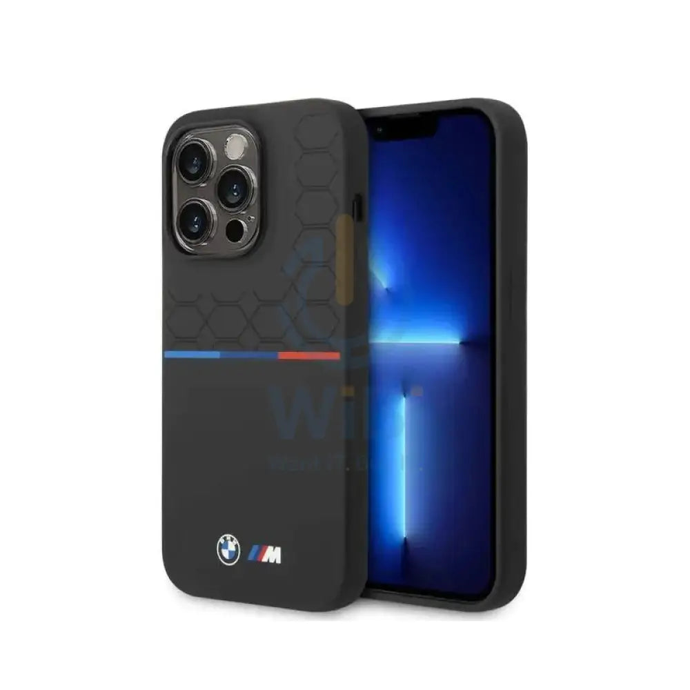 BMW iPhone 14 Pro Max M Collection Liquid Silicone Case Printed UV Varnish Pattern Tricolor Line & Logo - Black