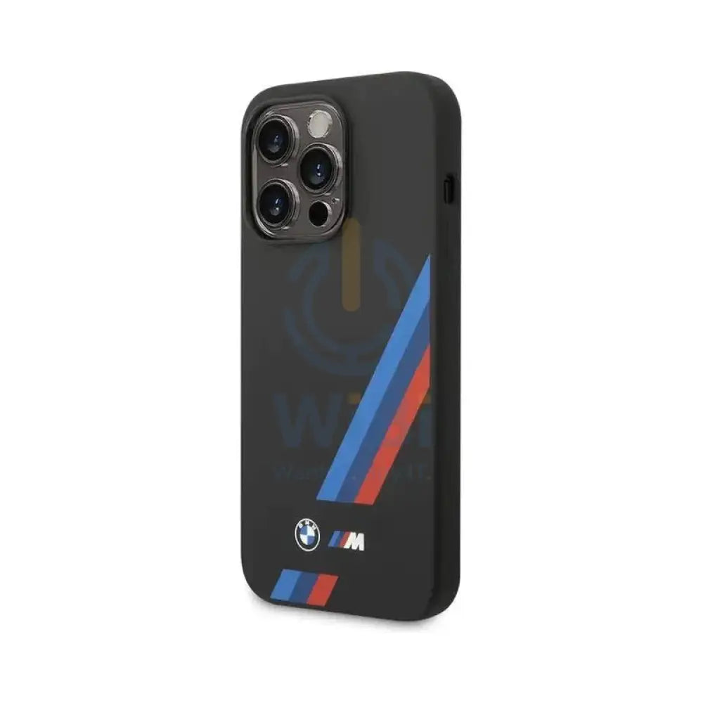 BMW iPhone 14 Pro Max M Collection Magsafe Liquid Silicone Case Slanted Tricolor Stripes - Black Accessories > Mobiles