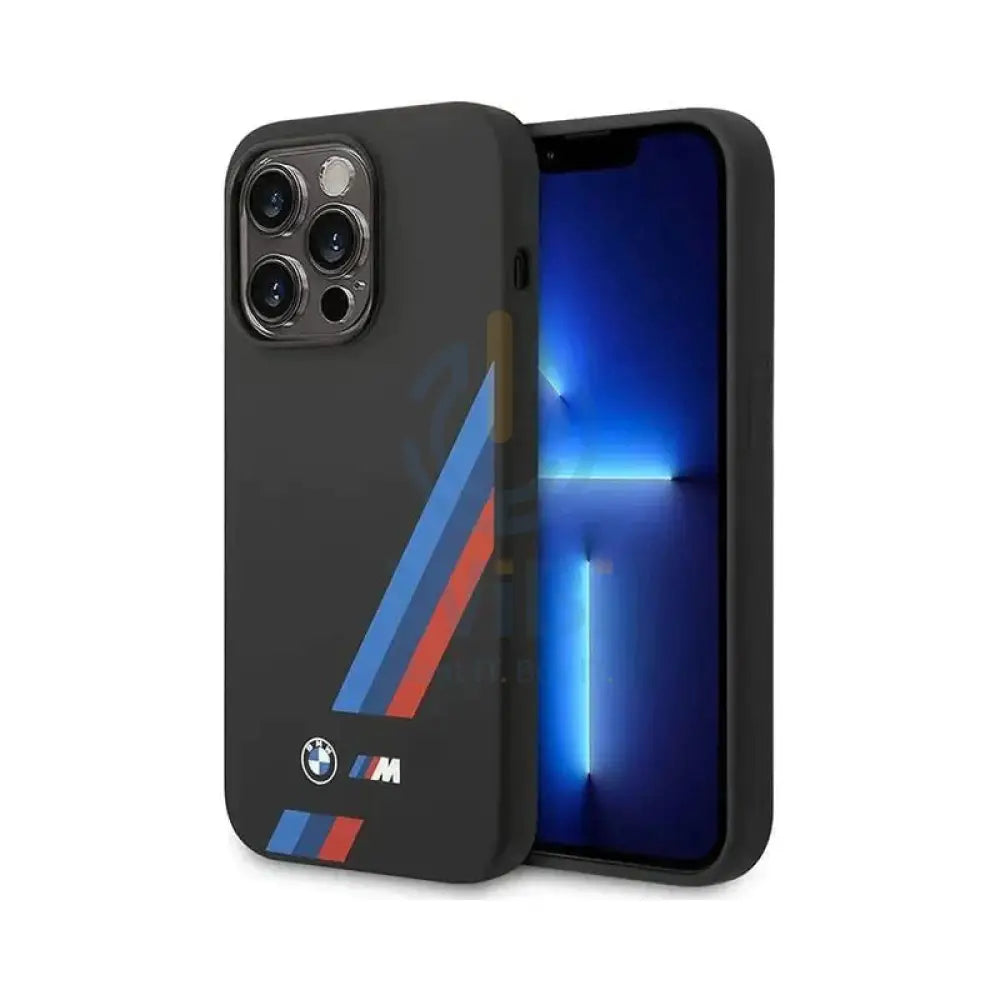 BMW iPhone 14 Pro Max M Collection Magsafe Liquid Silicone Case Slanted Tricolor Stripes - Black Accessories > Mobiles
