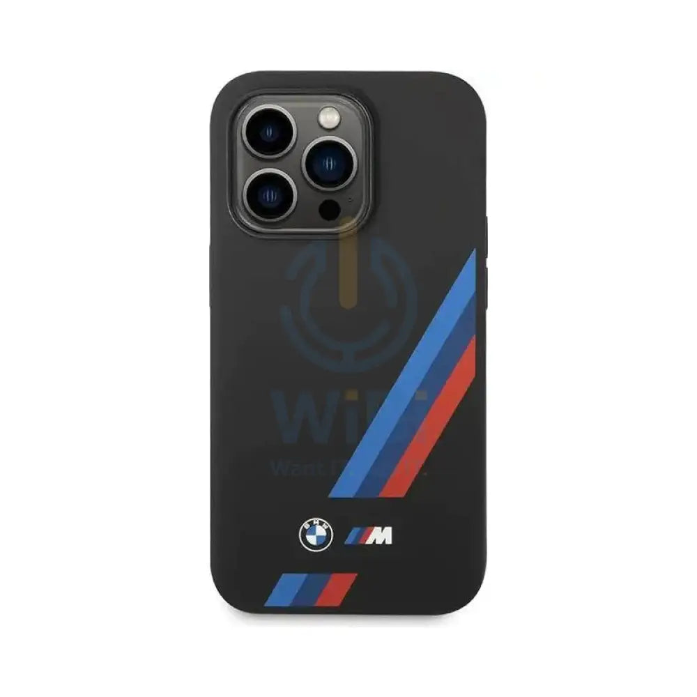 BMW iPhone 14 Pro Max M Collection Magsafe Liquid Silicone Case Slanted Tricolor Stripes - Black Accessories > Mobiles