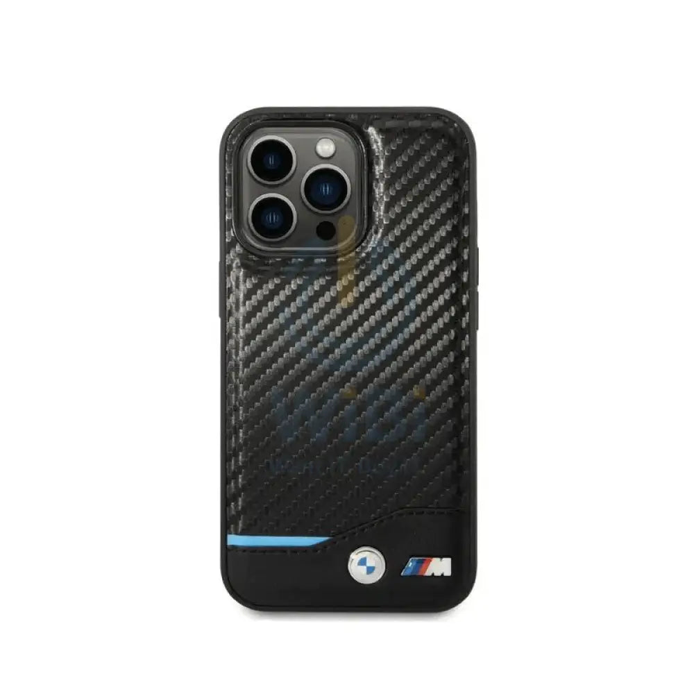 BMW iPhone 14 Pro Max M Collection PU Carbon Case with Bottom Horizontal Blue Line - Black Accessories > Mobiles &
