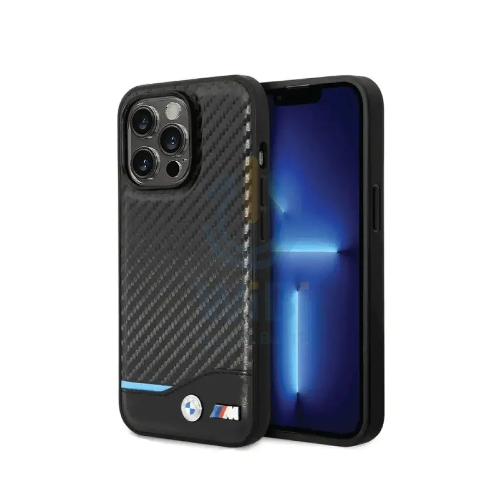 BMW iPhone 14 Pro Max M Collection PU Carbon Case with Bottom Horizontal Blue Line - Black Accessories > Mobiles &