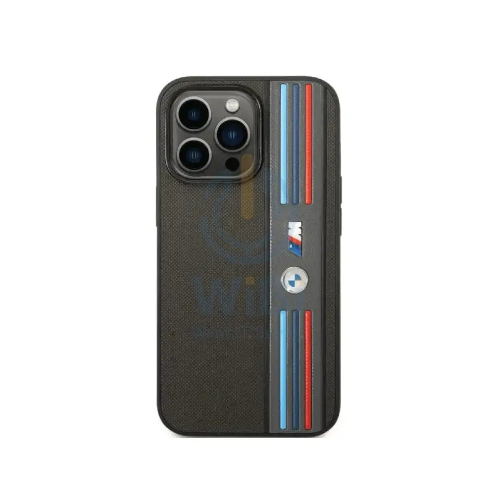 BMW iPhone 14 Pro Max M Collection PU Leather Mesh Case With Printed Tricolor Lines And Logo - Black Accessories >
