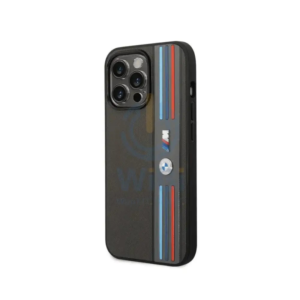 BMW iPhone 14 Pro Max M Collection PU Leather Mesh Case With Printed Tricolor Lines And Logo - Black Accessories >