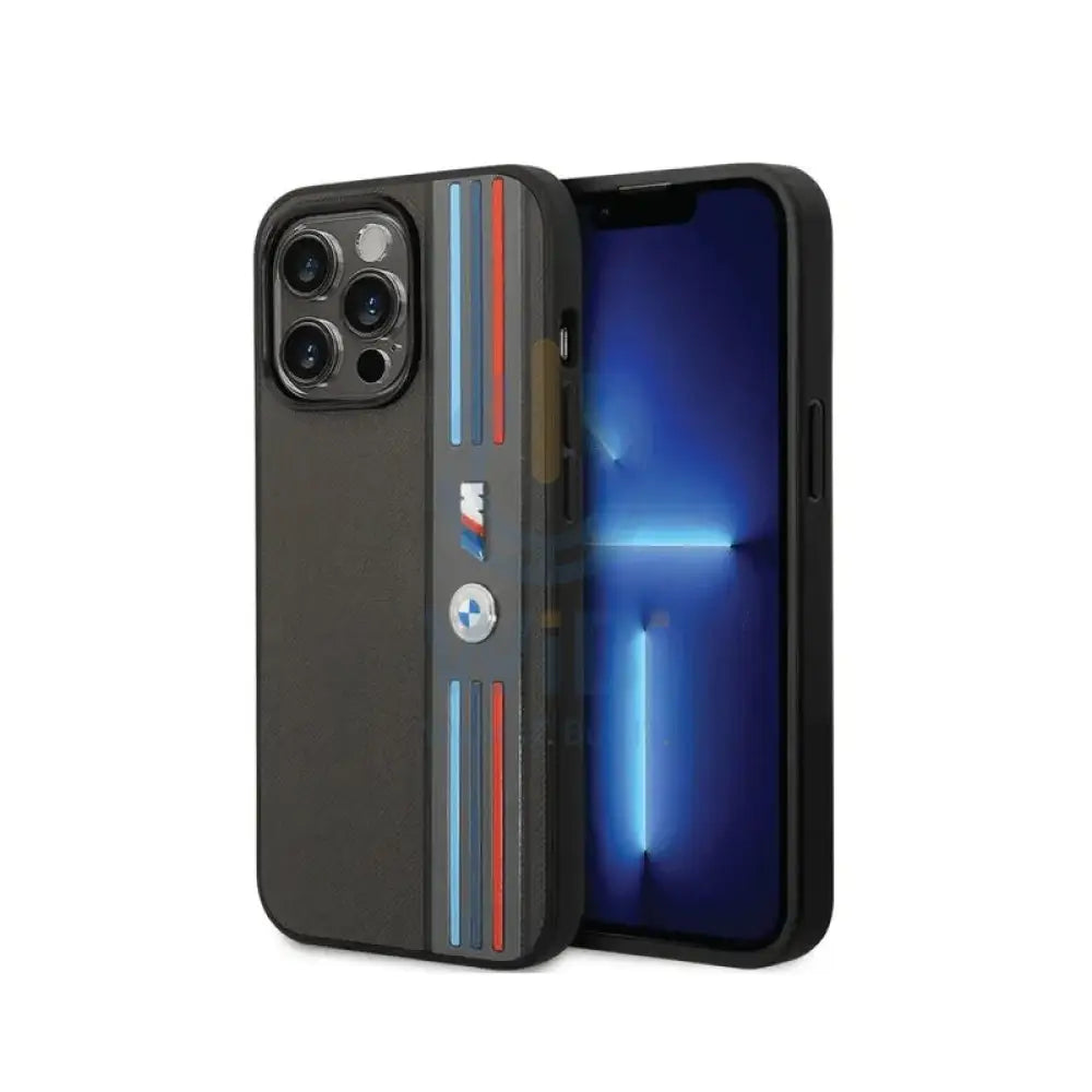 BMW iPhone 14 Pro Max M Collection PU Leather Mesh Case With Printed Tricolor Lines And Logo - Black Accessories >