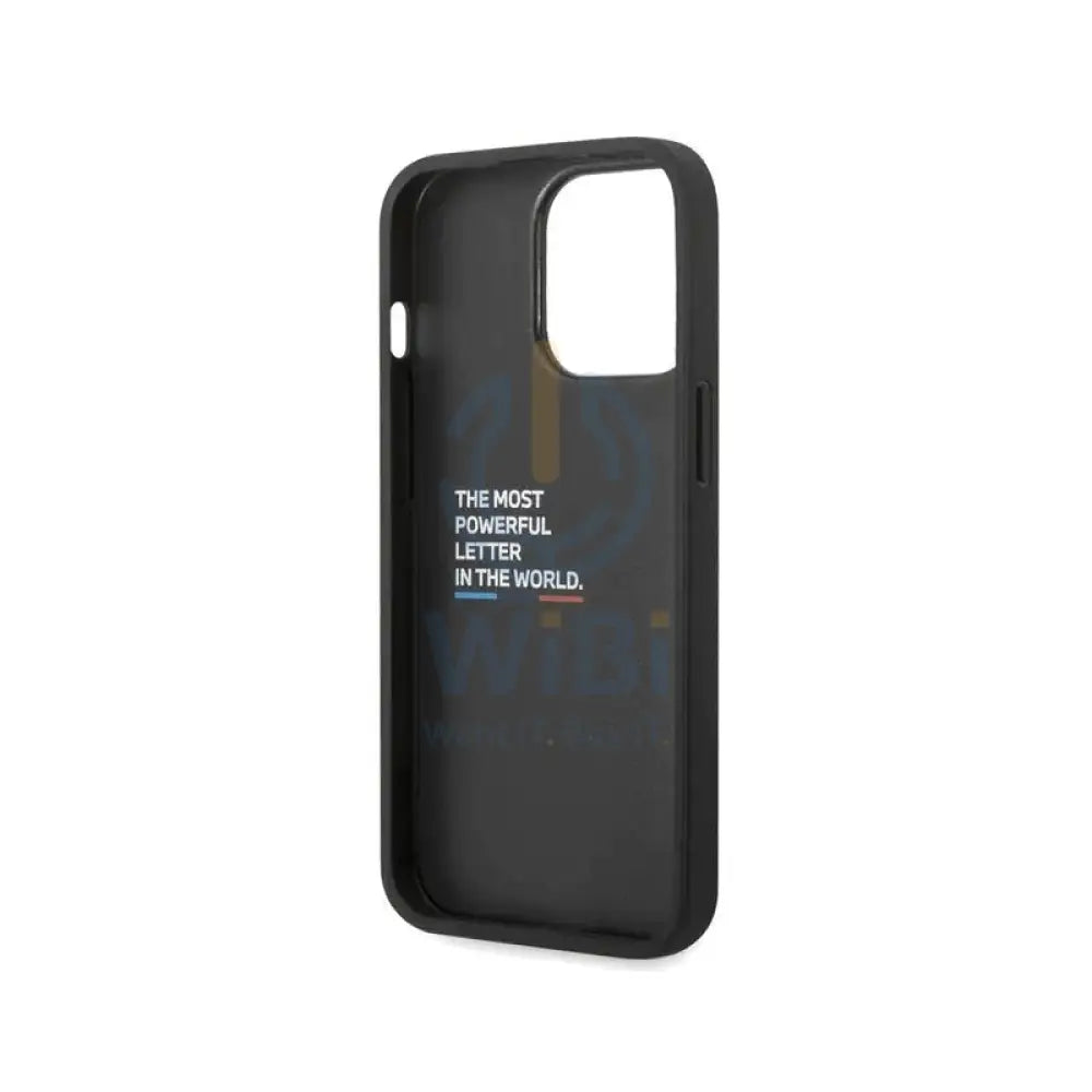 BMW iPhone 14 Pro Max M Collection Quilted PU Carbon Case with Hot Stamped Tricolor Stripe & Metal Logos - Black