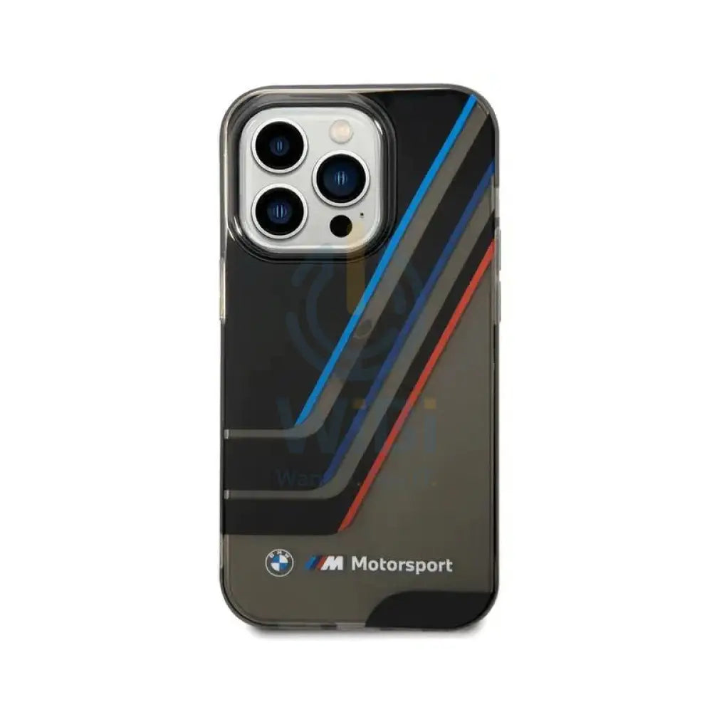 BMW iPhone 14 Pro Max Motorsport Collection PC/TPU IML Printed Tricolor Stripes Translucent Zones - Black Accessories >