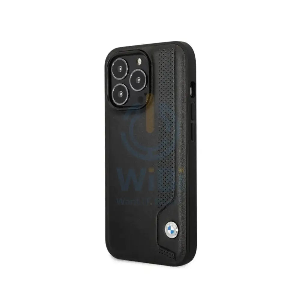 BMW iPhone 14 Pro Max Signature Collection Genuine Leather Case Hot Stamp Line And Blue Dots - Black Accessories >