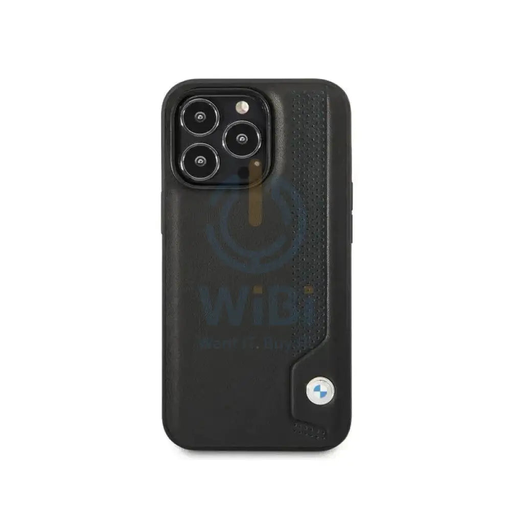 BMW iPhone 14 Pro Max Signature Collection Genuine Leather Case Hot Stamp Line And Blue Dots - Black Accessories >