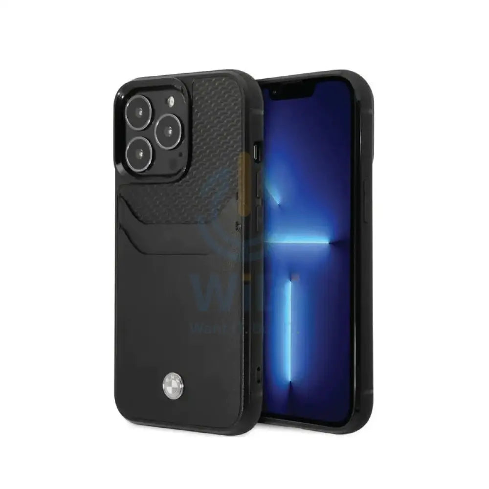 BMW iPhone 14 Pro Max Signature Collection Genuine Leather Case with Cardslot Embossed Pattern - Black Accessories >