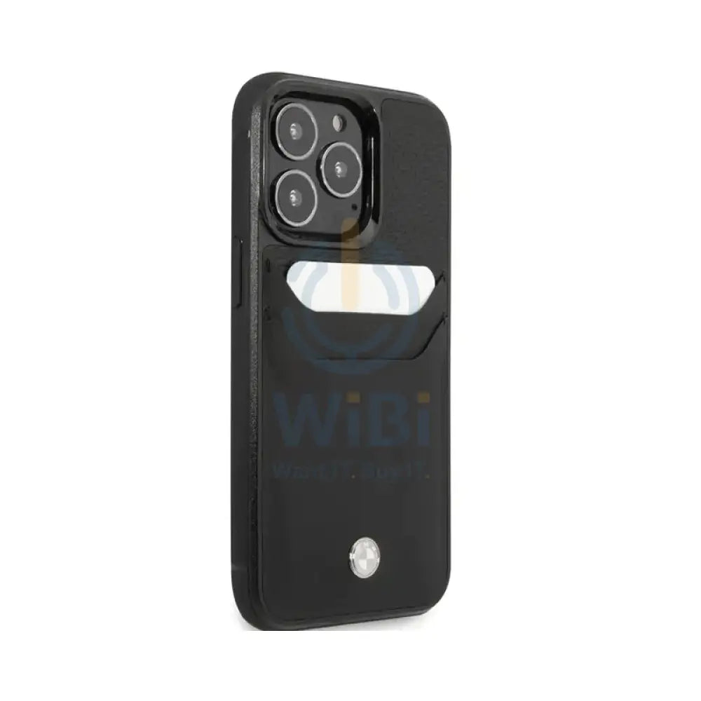 BMW iPhone 14 Pro Max Signature Collection Genuine Leather Case with Cardslot Embossed Pattern - Black Accessories >
