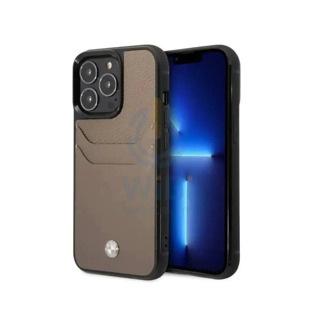 BMW iPhone 14 Pro Max Signature Collection Genuine Leather Case with Cardslot Embossed Pattern - Taupe Accessories >