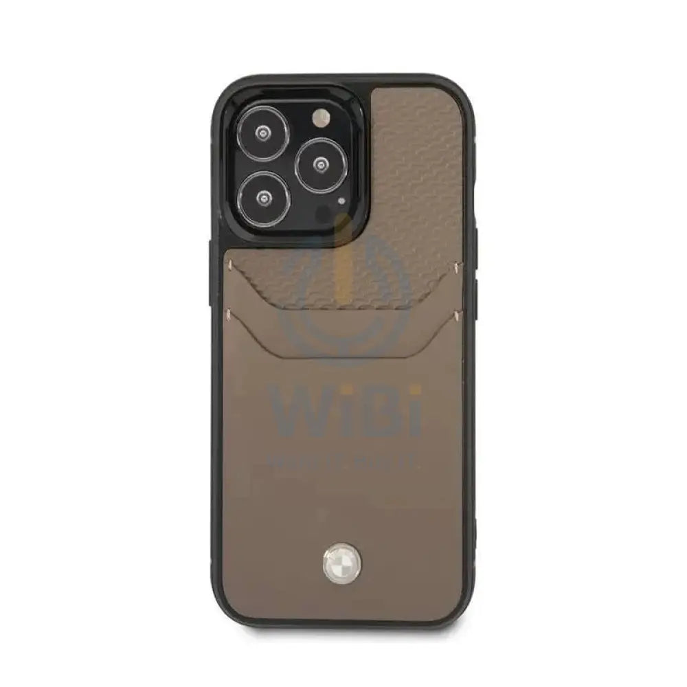 BMW iPhone 14 Pro Max Signature Collection Genuine Leather Case with Cardslot Embossed Pattern - Taupe Accessories >