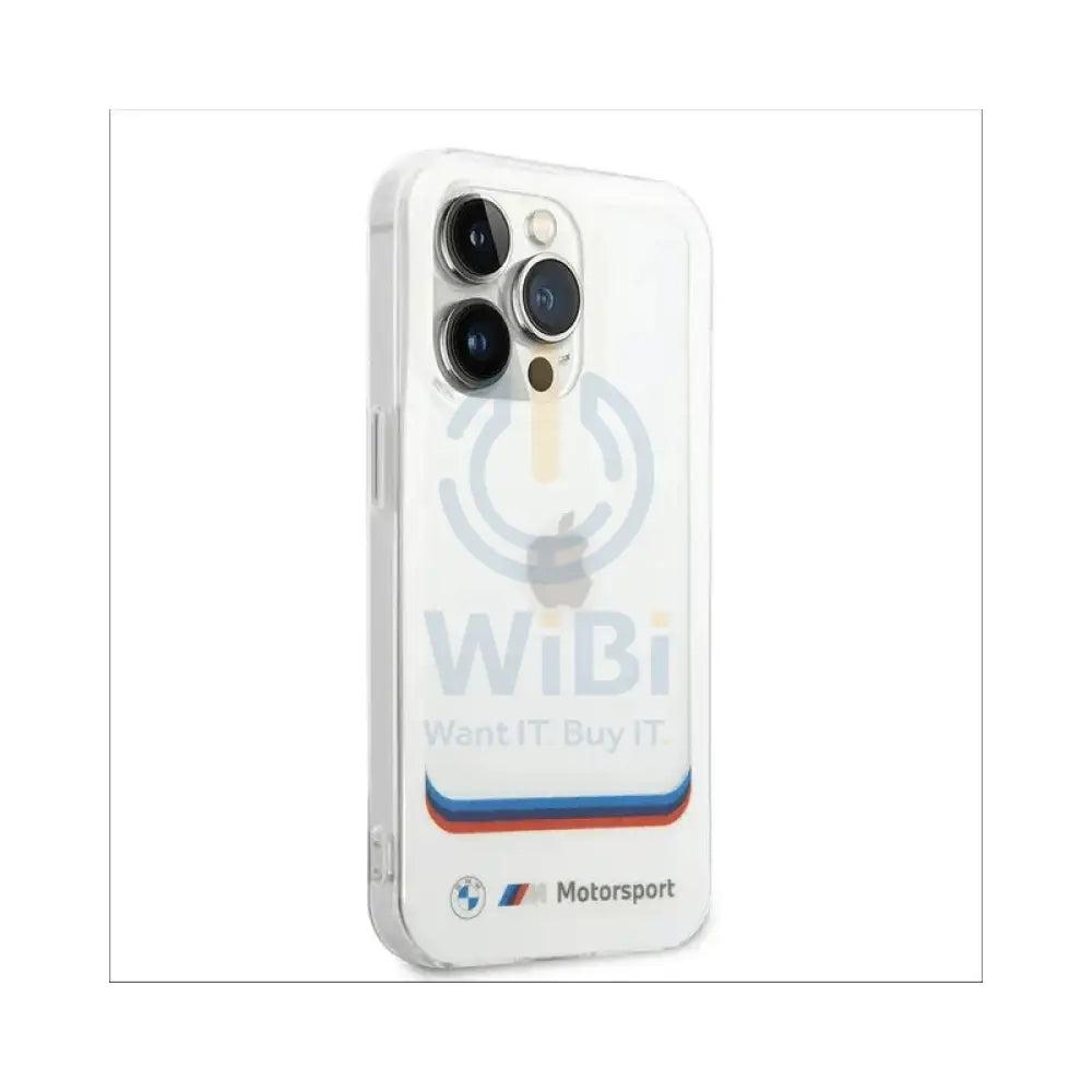 BMW iPhone 14 Pro Motorsport Collection PC/TPU IML Case Big Square Transparent and Printed Bottom Logo - White