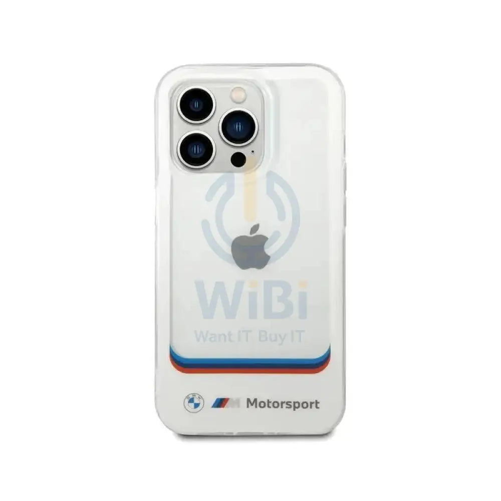 BMW iPhone 14 Pro Motorsport Collection PC/TPU IML Case Big Square Transparent and Printed Bottom Logo - White