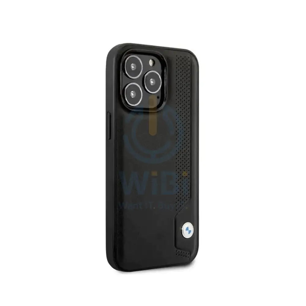 BMW iPhone 14 Pro Signature Collection Genuine Leather Case Hot Stamp Line And Blue Dots - Black Accessories > Mobiles