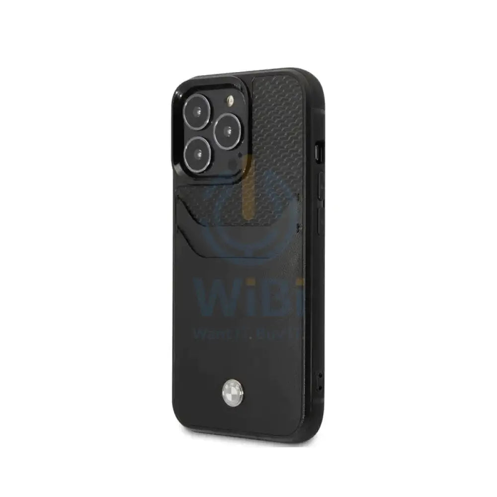 BMW iPhone 14 Pro Signature Collection Genuine Leather Case with Cardslot Embossed Pattern - Black Accessories >